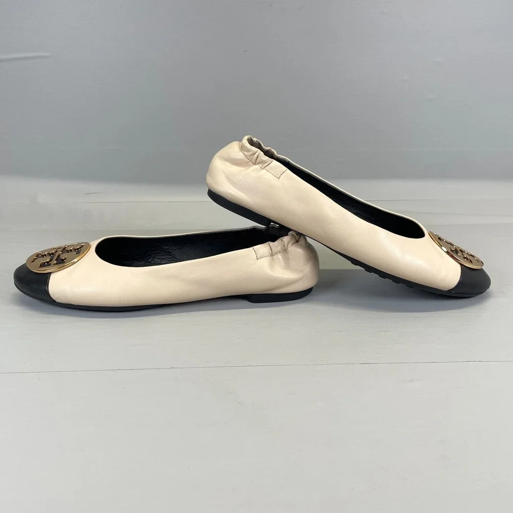 Tory Burch Claire Ballet Flats Womens Size 7.5 Cream Black Leather Cap Toe Shoes